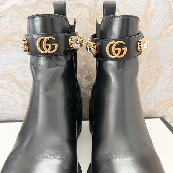 In Stores! Gucci Calfskin Crystal GG Trip Chelsea Ankle Boots - Picture 3 of 11